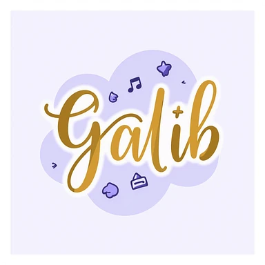 elegant cursive and bold typography of the word 'Galib' in a dreamy style, surrounded by ✨💖🌙💫🔥 emojis, with a soft gold-lavender-blue gradient, luxurious and glowing sticker