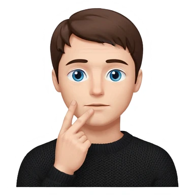 man in black knitted sweater in thinking pose, blue eyes brown hair, index finger touching his chin, eyes looking up to the top right sticker