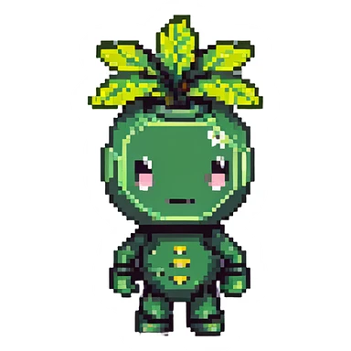 Green bomberman character, nature themed design, plant-like antenna, friendly expression, cute pixel art style sticker