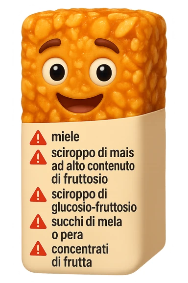 SU QUESTO STILE FAI UN EMOJI STILE IPHONE 3D DI UNa barretta ai cereali con ETICHETTA CON GLI INGREDIENTI SCRITTI, "miele, sciroppo di mais ad alto contenuto di fruttosio, sciroppo di glucosio-fruttosio, succhi di mela o pera,
concentrati di frutta" accanto ad ogni nome scritto mettici un segnale di allarme, FALLO MOLTO REALISTICO IN 3D sticker