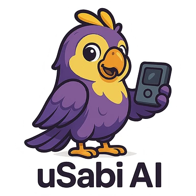 cute Nigerian parrot mascot for 'uSabi AI' with purple and yellow plumage, holding a small gadget, modern, techy, and fun style sticker