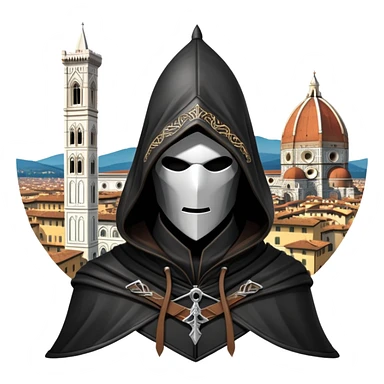 icon featuring Assasin's Creed in an iconic assassin's hood, standing tall against the backdrop of Florence. The design captures the essence of adventure, with intricate details of historical architecture and a sense of mystery. The character is poised, ready for action. transparent background. sticker