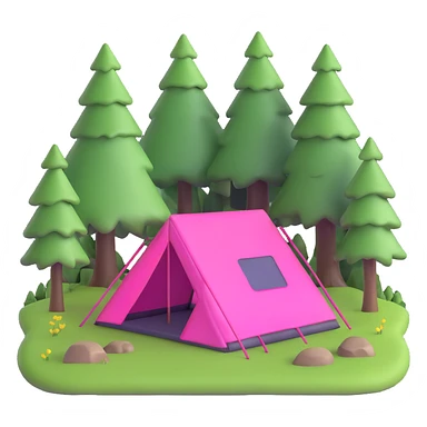 bright pink tent in a forest clearing with grass sticker