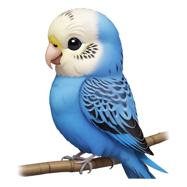 cinematic-cute-blue-budgie-portrait-emoji,-head-tilted-playfully-and-inquisitively,-featuring-a-brilliant-blue-feathered-fur-and white and black feathered face-with-a-natural-sheen,-round,-sparkling-dark-eyes-filled-with-curiosity,-simplified-yet-irresistibly-adorable sticker