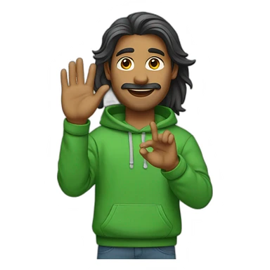 an indian man wearing a green sweatshirt, long hair, no facial hair, waving goodbye sticker