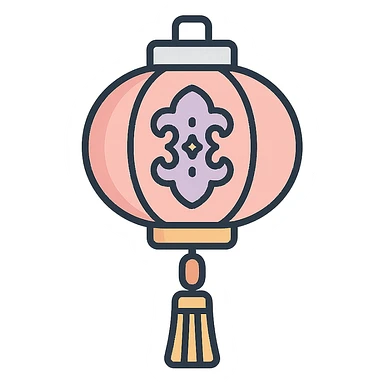 beautiful Chinese lantern with carved decor and tassel, icon-color-outlined style, thin clean contours, soft rounded shapes, pastel palette #98B5BC, #B5B3C1, #C9A3C9, #E4C0CA, #F7DCD1, #F7C0AA, detailed shadows and highlights, soft lighting, transparent background, eastern style sticker