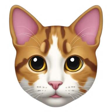 young calico cat face with a pink nose and a white chin sticker