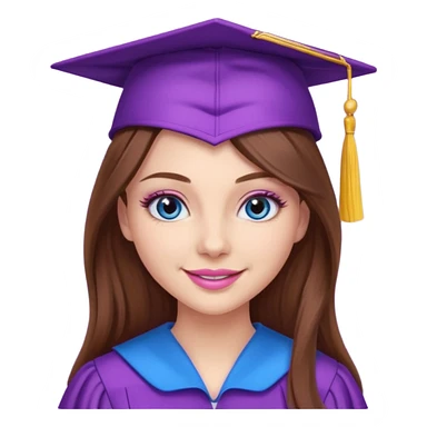 girl with gorgeous long brown hair, blue eyes, long lashes makeup, sexy pink lips, wearing a purple graduation cap and gown sticker