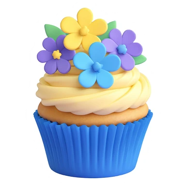 Turn this cupcake with blue flowers into an iOS 3D emoji style, with realistic 3D shading and smooth, rounded shapes, keeping the blue and purple color palette. sticker