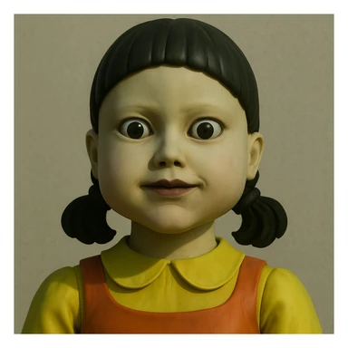 Red Light Green Light doll from Squid Game, close-up face, eerie expression, simple background sticker