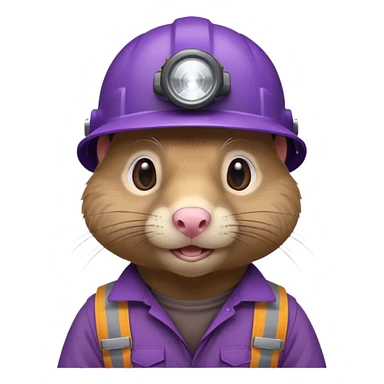 a mole rat, headlamp, BROWN worker cloth, purple helmet,  sticker