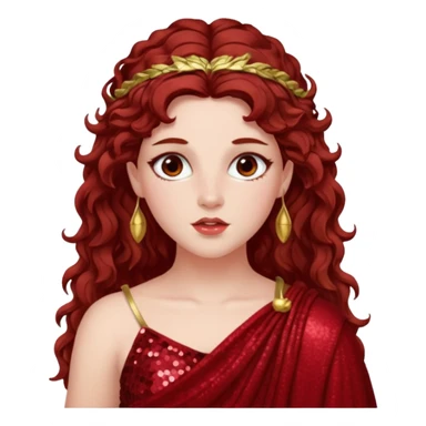 Persephone from Greek Gods with long dark auburn wavy hair, deep red sequin toga sticker
