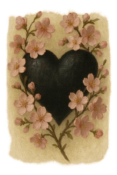 goth sakura heart, oil painting style, textured black heart, soft pink sakura, classic and rich sticker