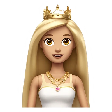 Blonde Barbie with bangs and long straight hair and hazel eyes wearing a gold crown sticker