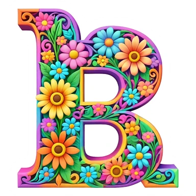 3D, gothic style psychedelic colored Letter “D” with hippie style flower border sticker