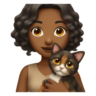 tan girl with long wavy black hair, holding a brown and orange cat sticker