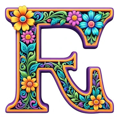 3D, gothic style psychedelic colored Letter T with hippie style flower border sticker