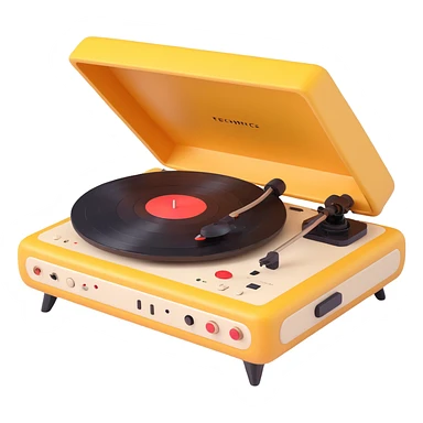 3D Disney Pixar-style record player, resembling Technics turntable, whimsical details, friendly animated look sticker
