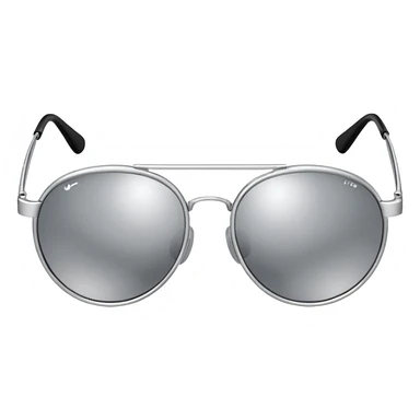 A pair of luxury sunglasses emoji with silver chrome frame, smooth rounded lenses, reflective metallic surface, high-end swag aesthetic, minimal and clean design, iOS emoji style, centered, white background sticker