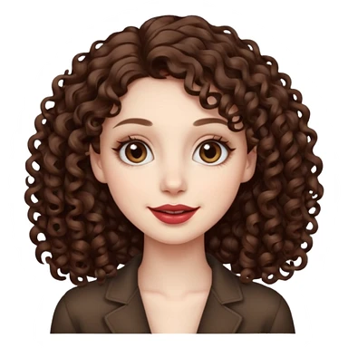 Light brown eyed female with pale skin. She has big eyes, curly and long dark brown hair and thin lips smiling. sticker