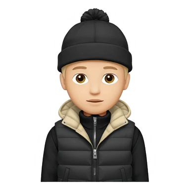 A guy in a hat, black hoodie, and a puffer vest sticker