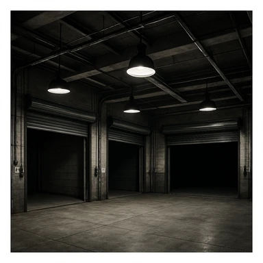 a garage with three entrances, industrial style, concrete floor sticker