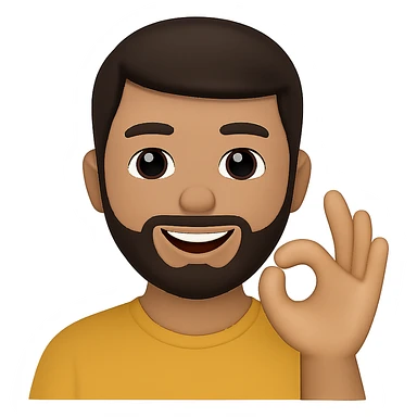 Edit the image to depict a smiling man showing the 'okey' gesture in the style of apple emojis with normalized, natural-looking fingers. Keep the apple emoji style but enhance finger naturalness and normalization. sticker