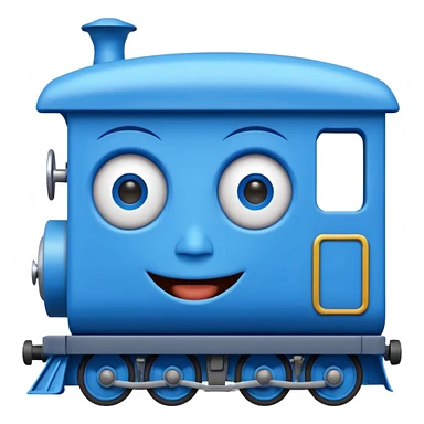 An square blue train with a human face at the front sticker