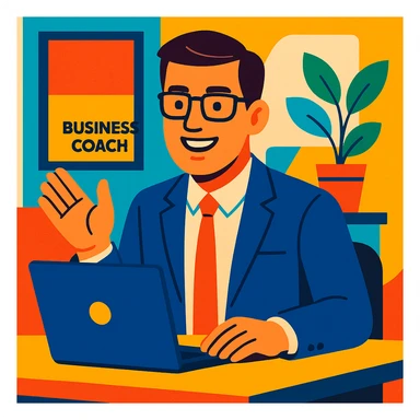 A 35-year-old male business coach sitting at a desk with a laptop sticker