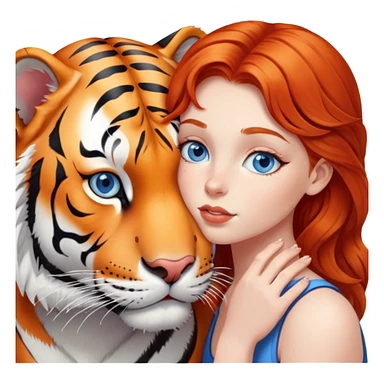 blue-eyed redhead girl kissing tiger sticker