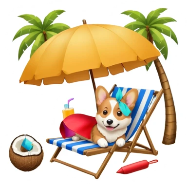 a corgi dog laied on a beach chair, a sunny beach, a sun umbrella, and beach coconut trees. the icon should capture the essence of a relaxing beach vacation with a carefree atmosphere sticker