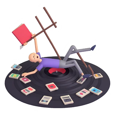 A stick figure falling into a pit full of vinyl records, like a 'Danger Zone' sign sticker