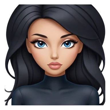 Glamours, tanned, very beautiful girl, with big pump peach-beige-rose lips, long long lashes, black straight smooth silky long hair, straight parting hair, blue-grey eyes in black long-sleeves bodysuit sticker