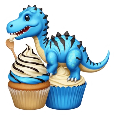 A cupcake having blue and black icing and a dinosaur as a decoration and ice cream next to it sticker