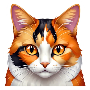 Cinematic Noble Calico Cat Portrait Emoji, Poised and regal, with a striking patchwork fur in vibrant orange, black, and white hues, delicate whiskers and a refined, focused gaze, simplified yet exquisitely detailed, glowing with a soft, moonlit radiance and an air of aristocratic elegance, high shine, exuding dignified intelligence and poised authority, soft glowing outline, capturing the essence of a watchful and noble calico cat that appears ready to grace the screen with effortless majesty! sticker