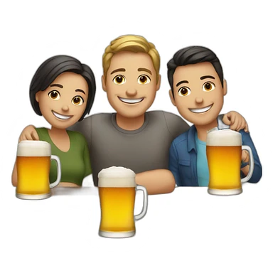 3 people smiling around a table with 3 small beers on it sticker
