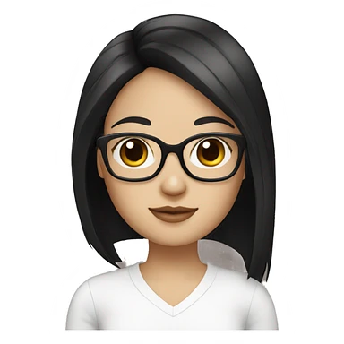 Create me a girl with a square cut, black hair, and square glasses and white skin and dark brown eyes with a laptop  sticker