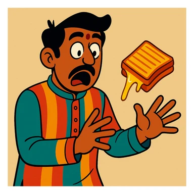 An Indian man in a kurta, surprised expression, as a grilled cheese sandwich slips from his hands, cartoon style, vibrant colors sticker
