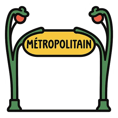 Parisian metro entrance featuring art nouveau ironwork and a 'Métropolitain' sign in color outline icon style sticker