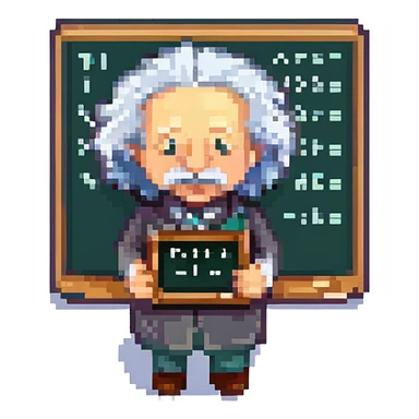 pixel art of Einstein with chalkboard and equations sticker