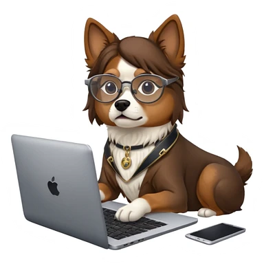 Dog with bayonetta glasses and a laptop, looking tired sticker