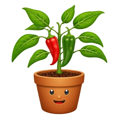 Potted green pepper plant with small chili peppers growing on it sticker