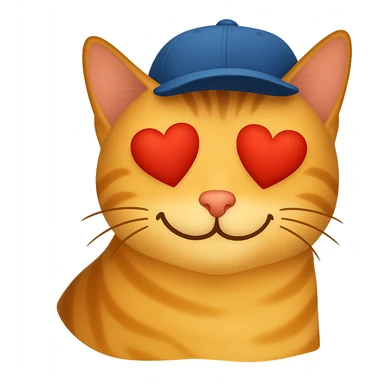 Change the cat's face expression to love (heart eyes or loving smile), keep the blue cap, and set the background to transparent. The style should resemble emoji style with simple and clear features. sticker