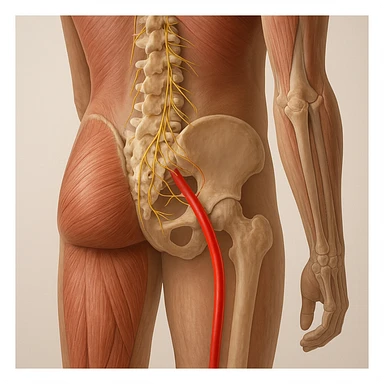Close-up detail of the lumbar and gluteal area, sciatic nerve highlighted in red starting from the spine, visible muscles and bones, neutral background, 4K quality. sticker