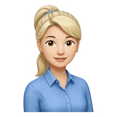 Женщина среднего возраста с волосами, собранными в аккуратный хвост, лёгкая уверенная улыбка, строгая однотонная блузка, стиль деловой и сдержанный. sticker