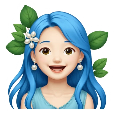Asian girl, long blue hair, pearl hair clip, loves nature, laughing sticker