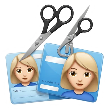 Scissors cutting ID card in 2 parts. Realistic sticker