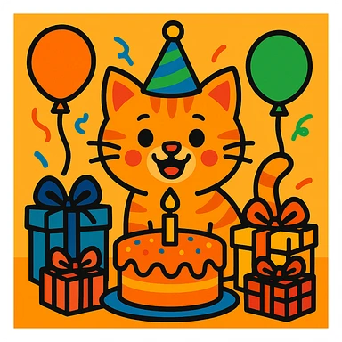 a ginger tabby kitten celebrating its birthday, wearing a birthday hat, surrounded by a birthday cake, balloons, gifts, and looking happy sticker