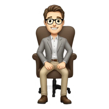 Joyful Pale skinned Fit Man With dark brown hair in gray jacket, beige office shirt, Brown pants and vintage glasses sitting In a soft chair. His thrumbs up sticker