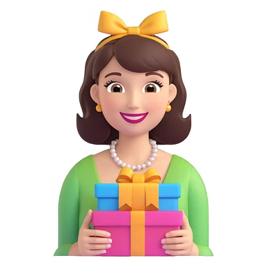 3D emoji of a smiling, feminine face with big eyelashes, no body, colorful and friendly, romantic style, with feminine accessories, motif: gift, transparent background sticker